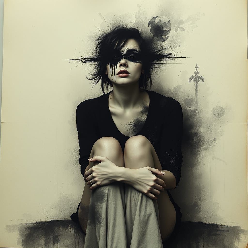 Mourning Woman Lost in Dark Despair