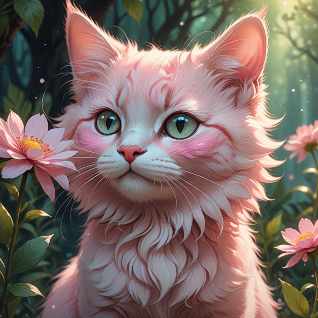 Charming Pink Cat with Flower in Enchanted Forest