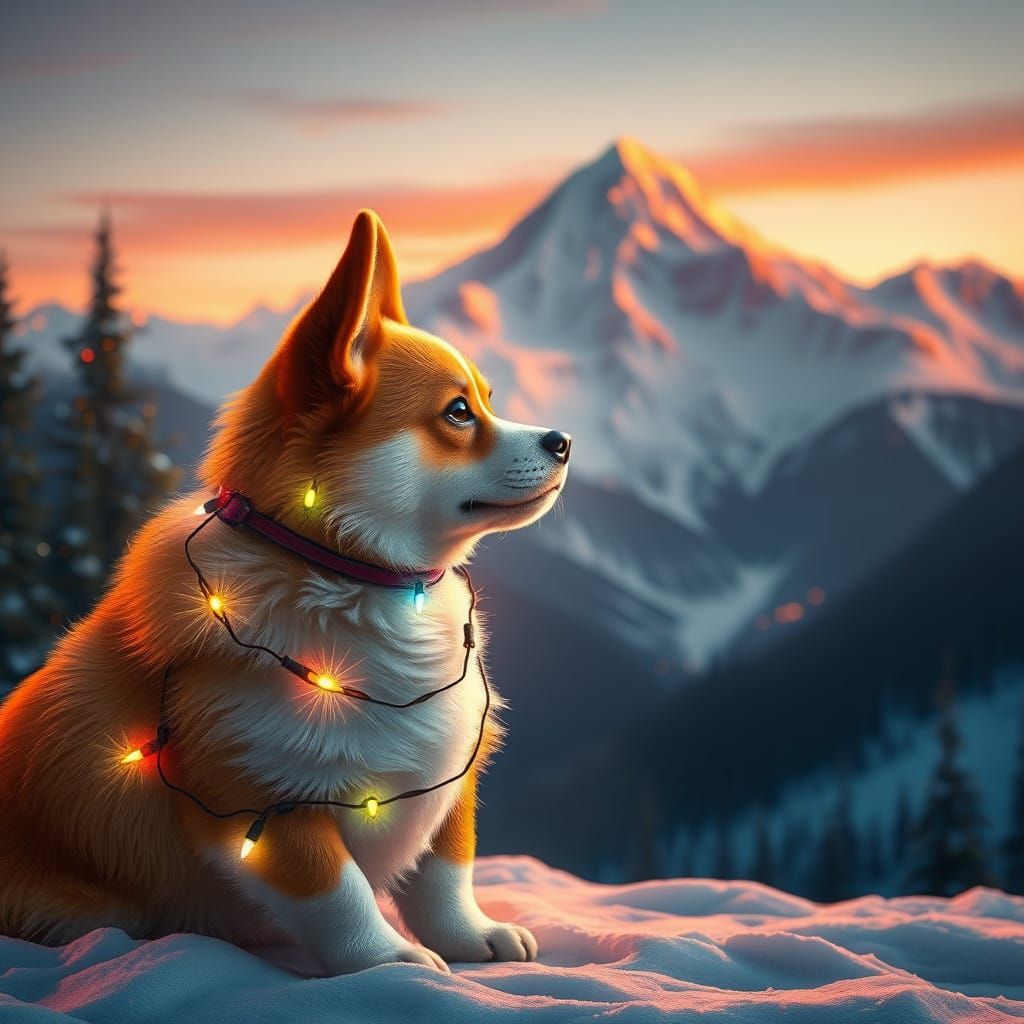 Cosmic Corgi Reigns Over Starry Mountain Peaks in Whimsical...