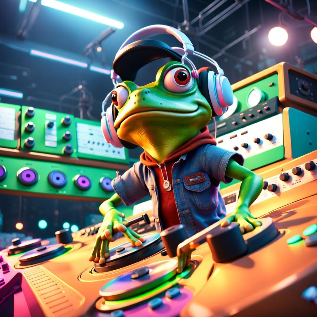 DJ Frog Working Turntables: 3D Digital Art