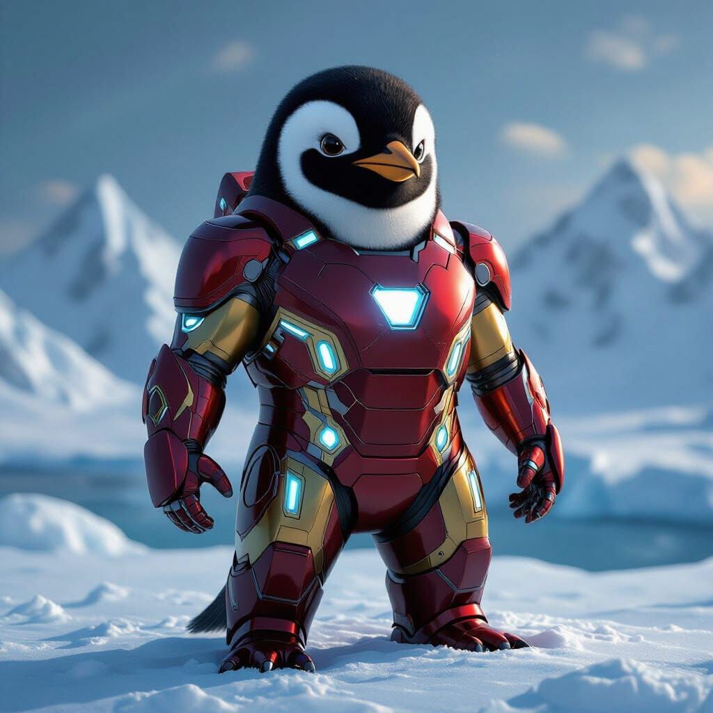 Heroic Penguin in Iron Man Suit on Arctic Landscape
