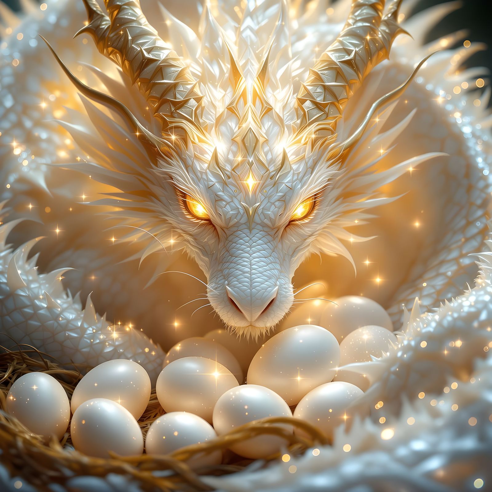 Mother Dragon Protects Shiny Eggs in Art Nouveau Style