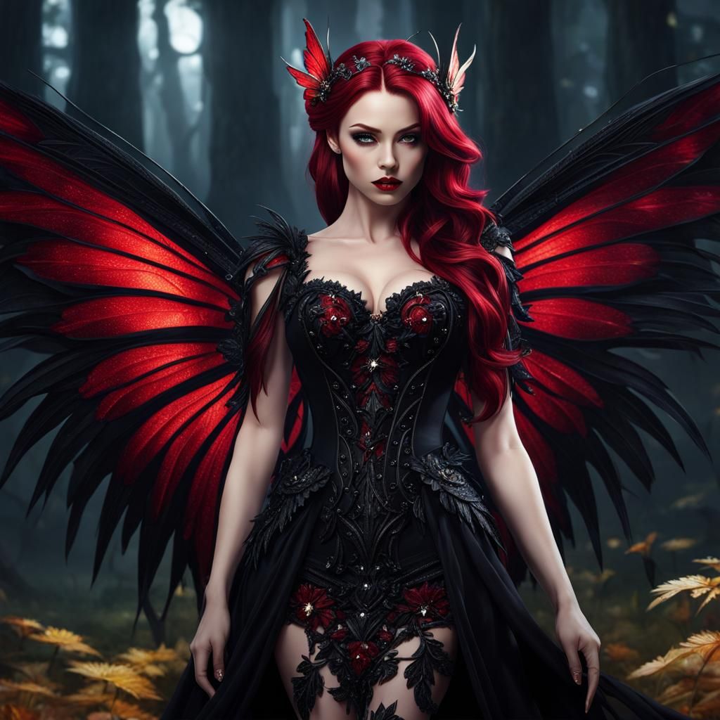 Dark Red Haired Fairy in Black Dress