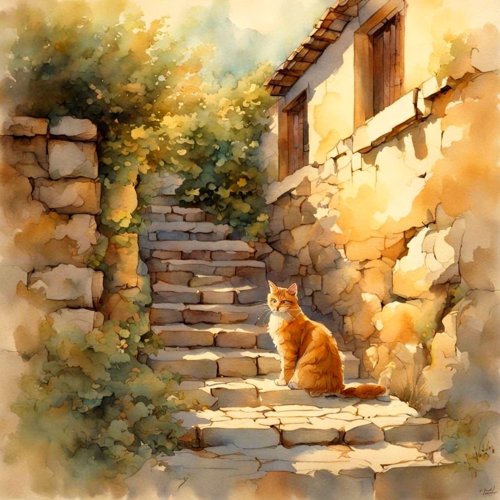 Whimsical Greek Cat in Golden Light