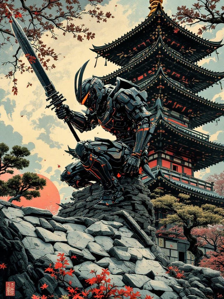 Futuristic Samurai Mecha on Japanese Pagoda in Woodblock Sty...