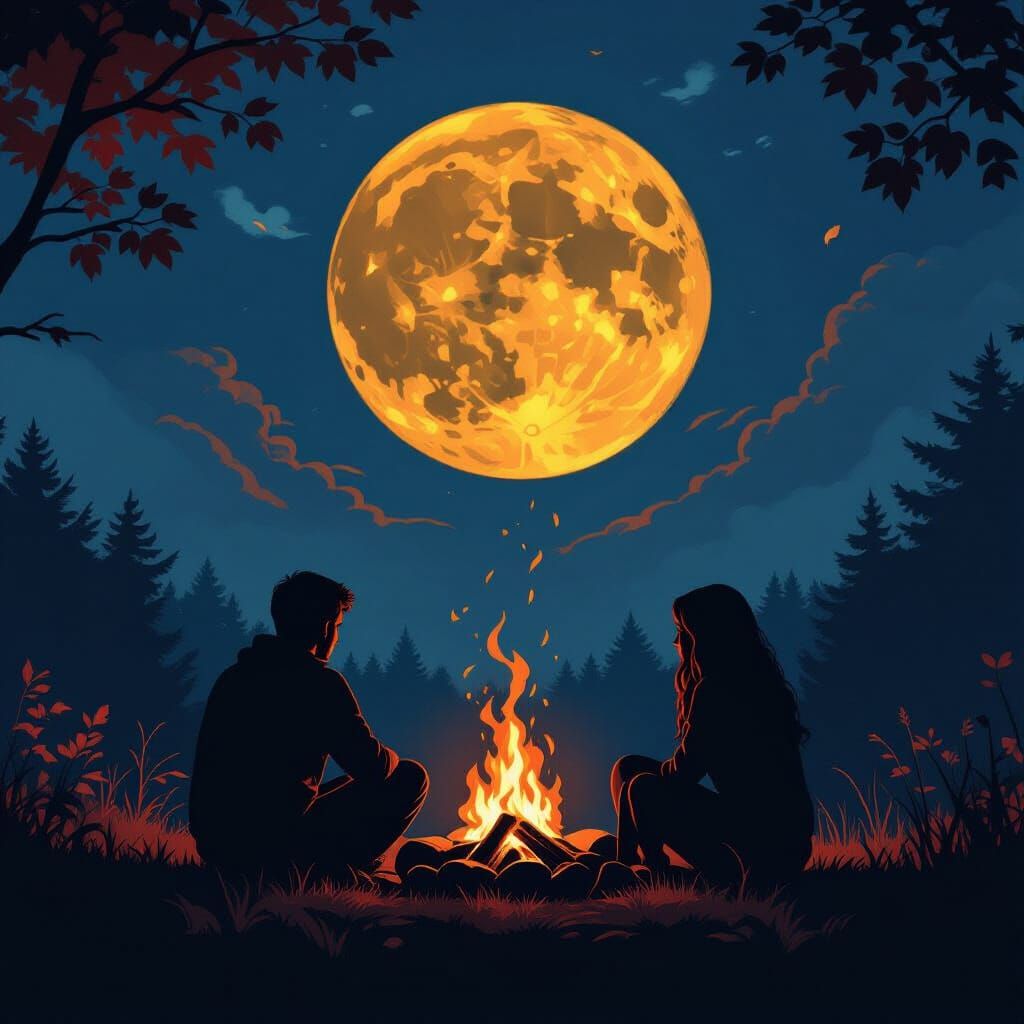 Couple by Bonfire Under Harvest Moon in Dark Fantasy Style