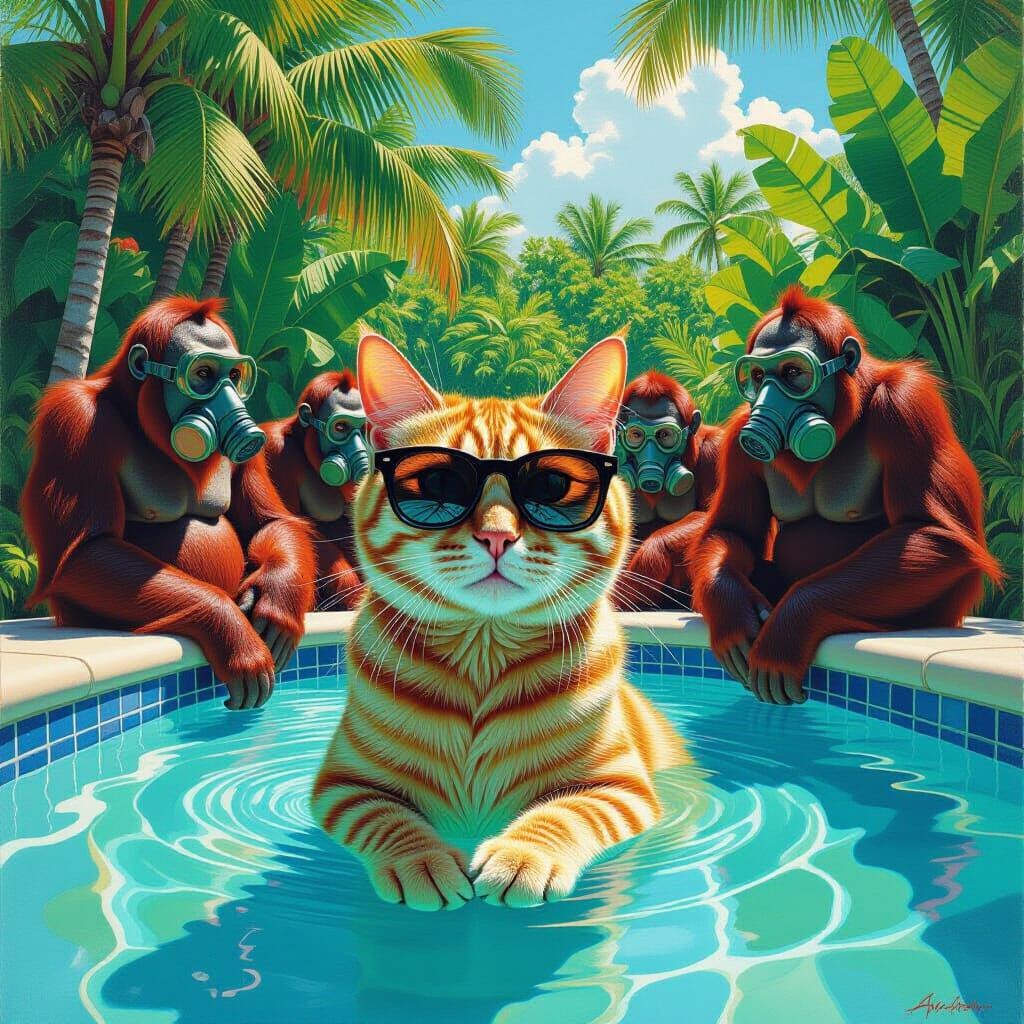 Cat with Orangutans in Surrealist Pastel Art