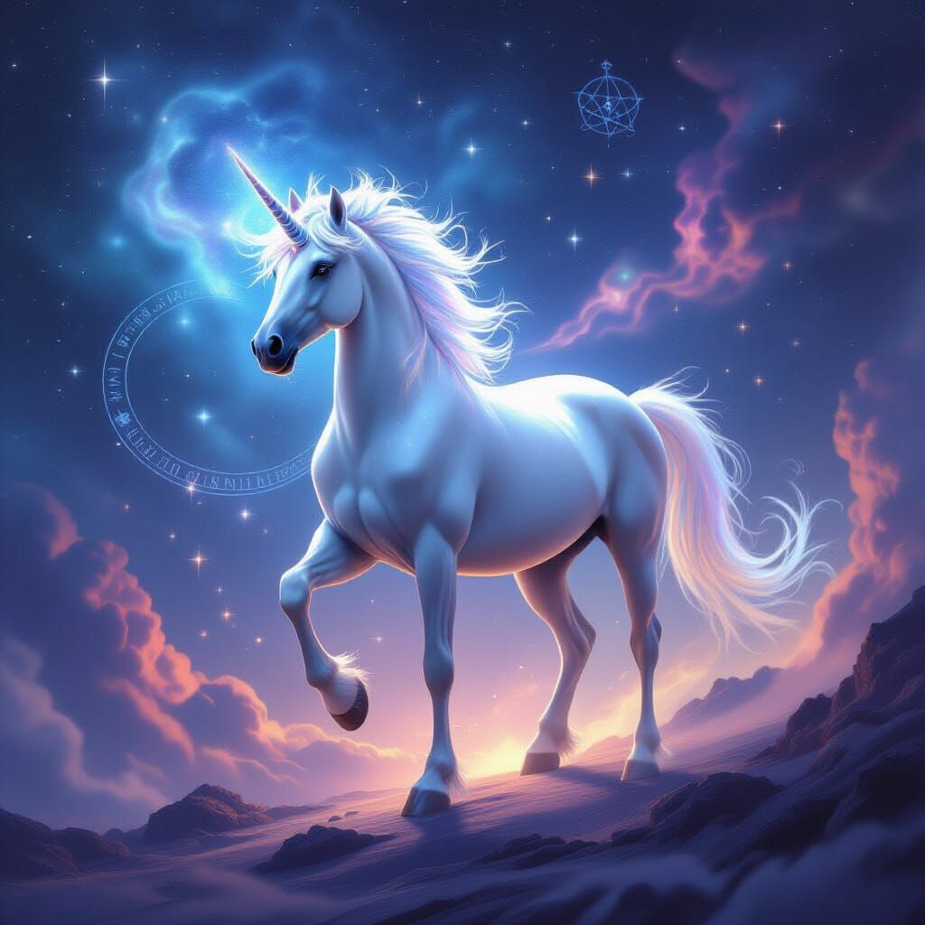 Majestic Unicorn at Cosmic Nexus in Fantasy Art Style