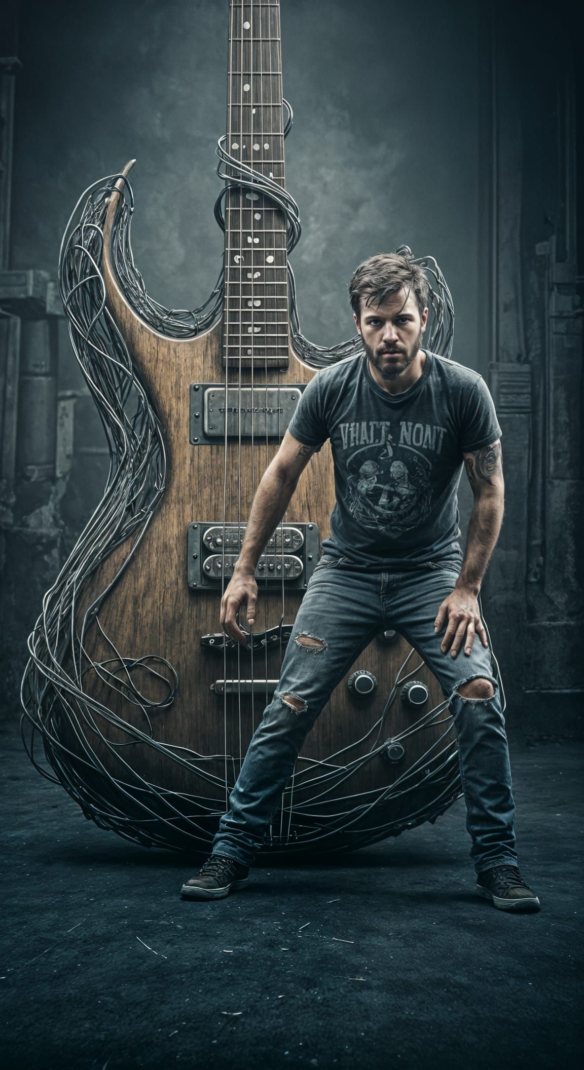 Terrified Person and Giant Wire Guitar Art