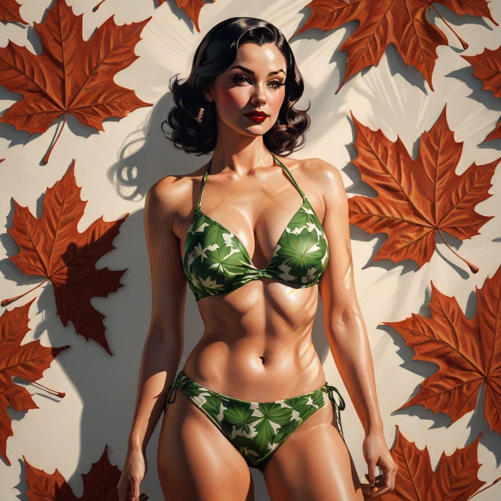 A lightly-dressed pinup woman wearing a bikini made to look ...