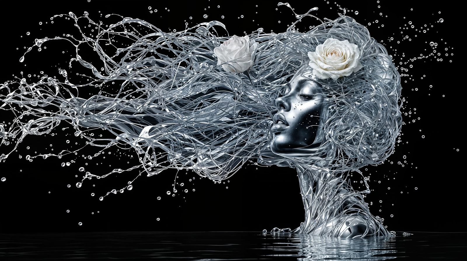 Hyperrealistic Silver Goddess in Flowing Water