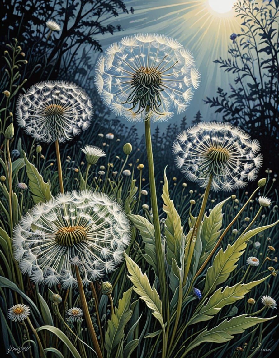 Whimsical Dandelion Bloom in Hand-Drawn Linocut Style