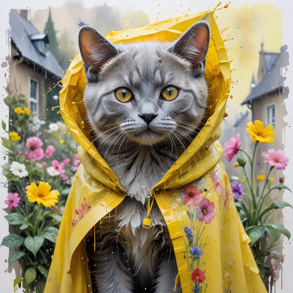 Chartreux Kitten in Rain Poncho, Watercolor Art