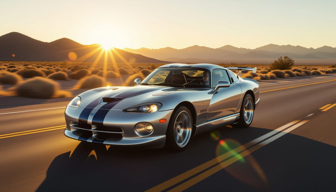 Chrome Dodge Viper Speeds Down Route 66 at Sunset