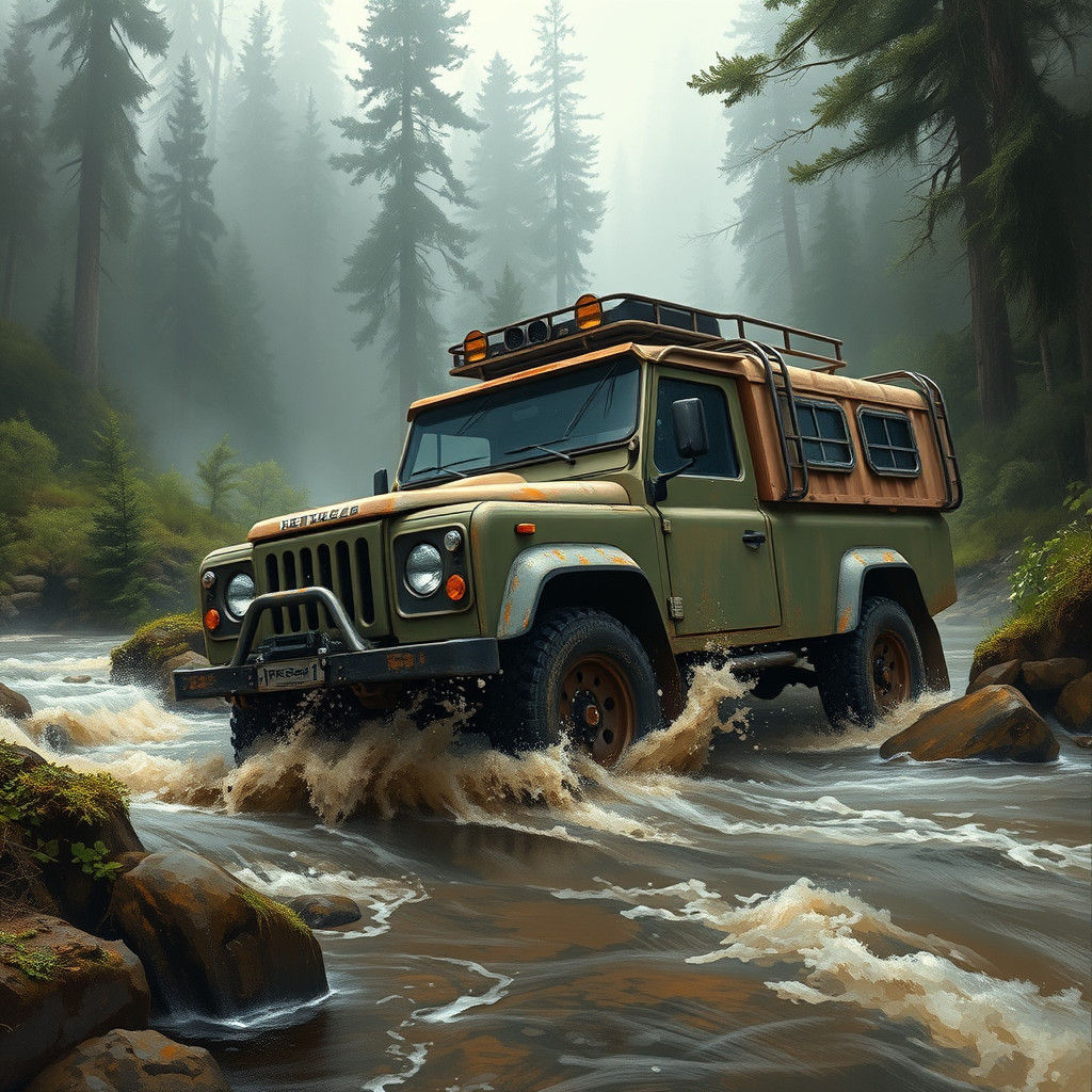 SUV Adventure: Misty Forest River Crossing