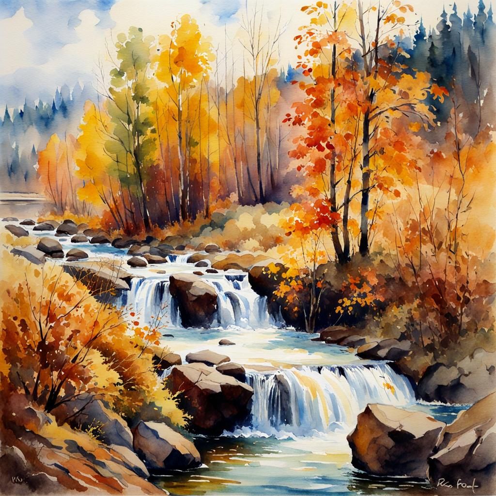 Autumn River Waterfall in Watercolor Style