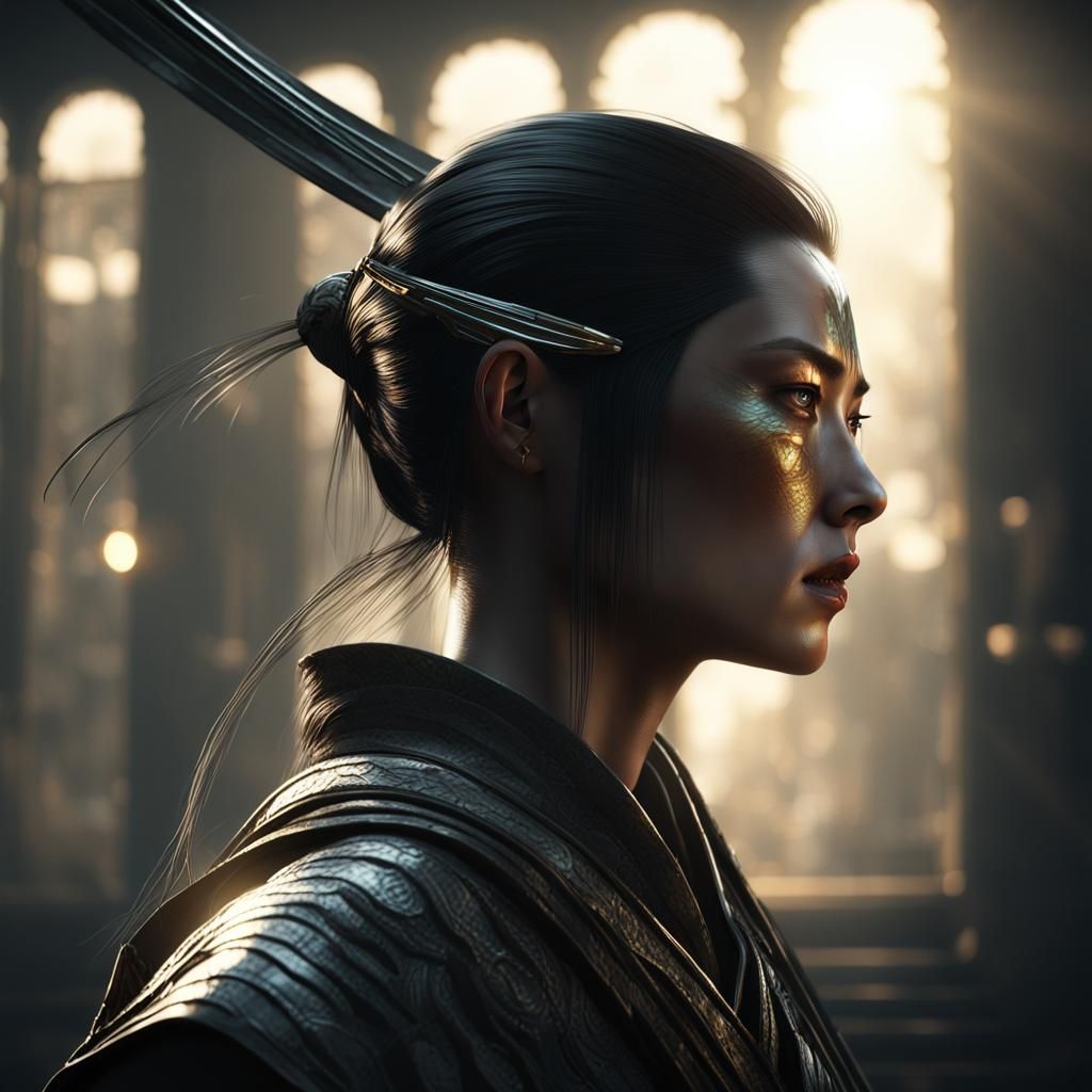 Ethereal Samurai in Sci-Fi Cherry Garden