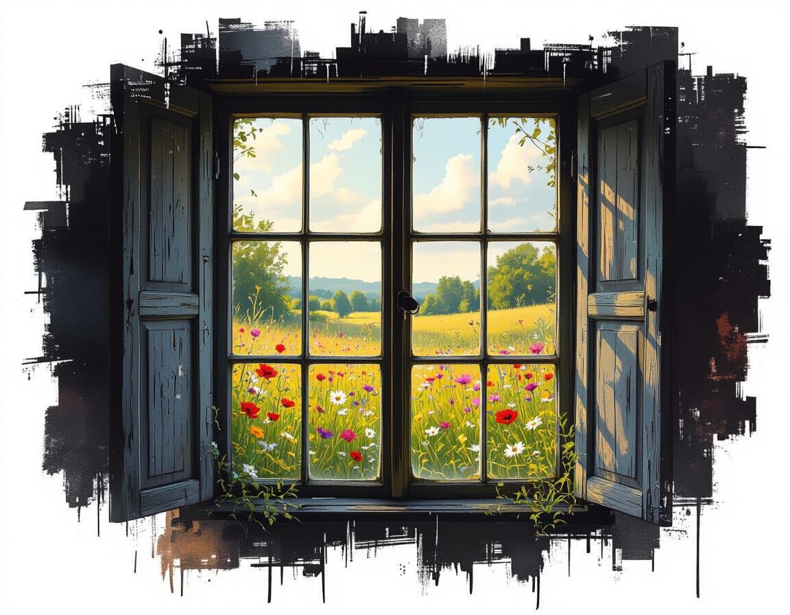 Flowering Meadow Through Ornate Window in Photoillustration ...