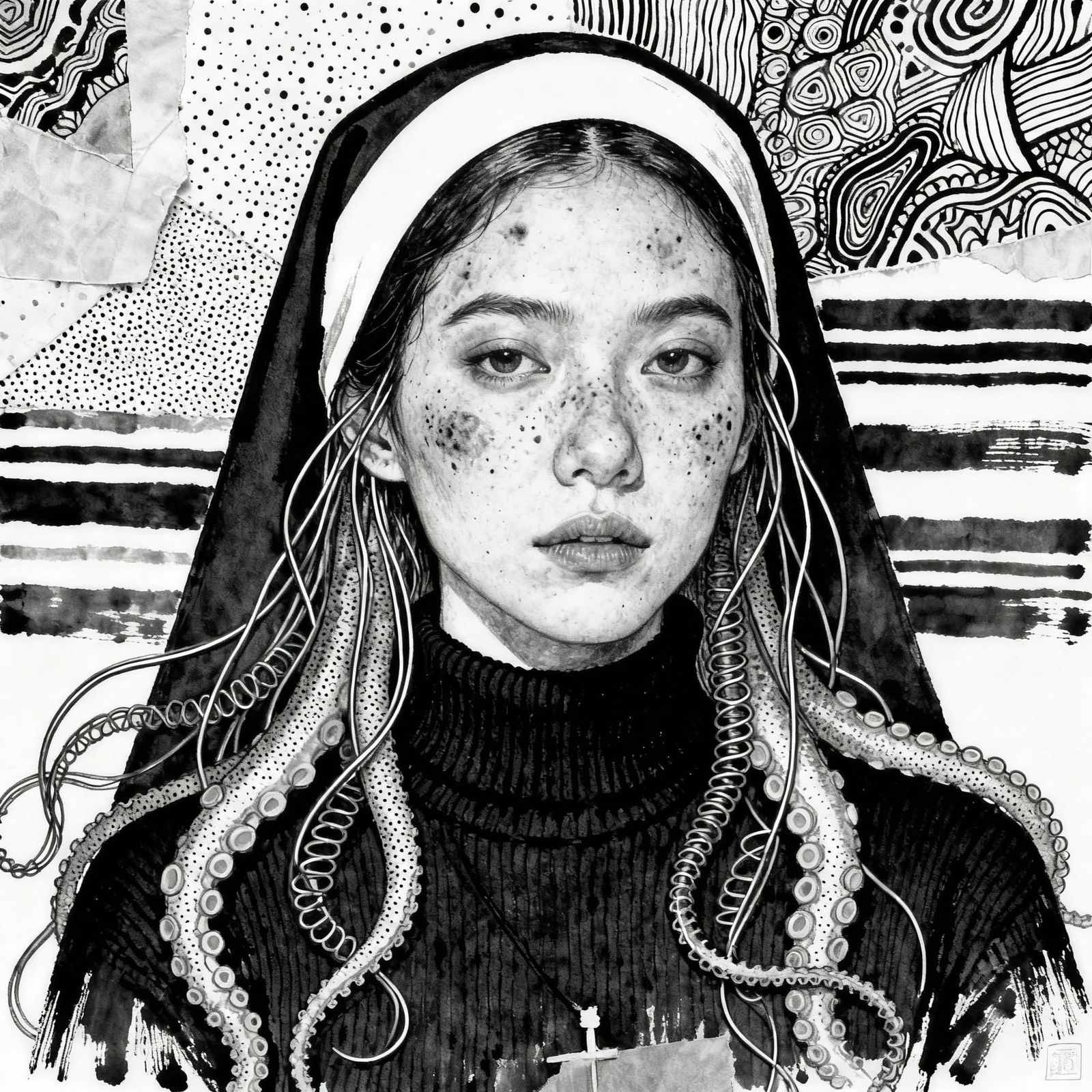 Pointillist Nun Portrait with Tentacle Hair