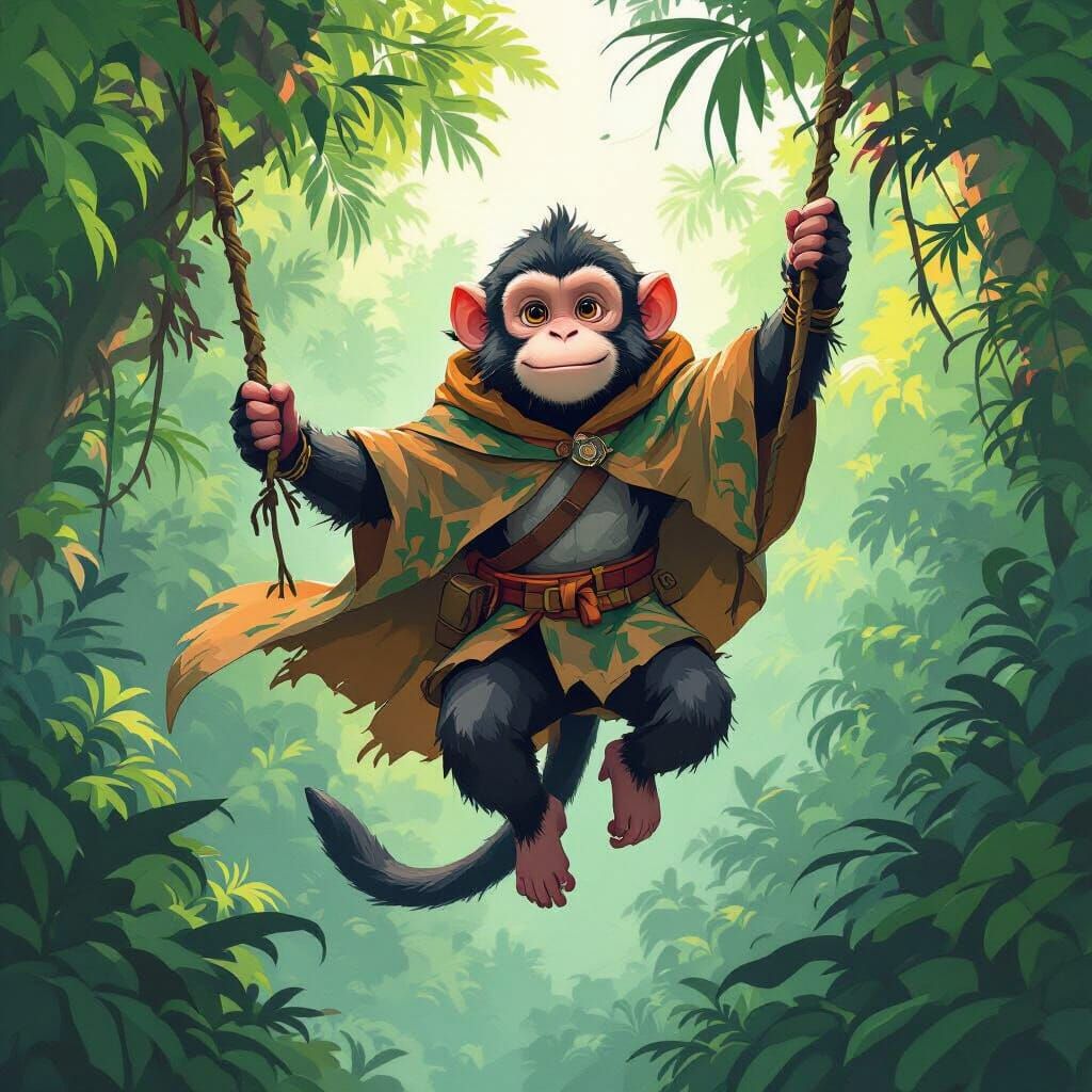 Shark-Monkey Swings Through Jungle: Vibrant Digital Art