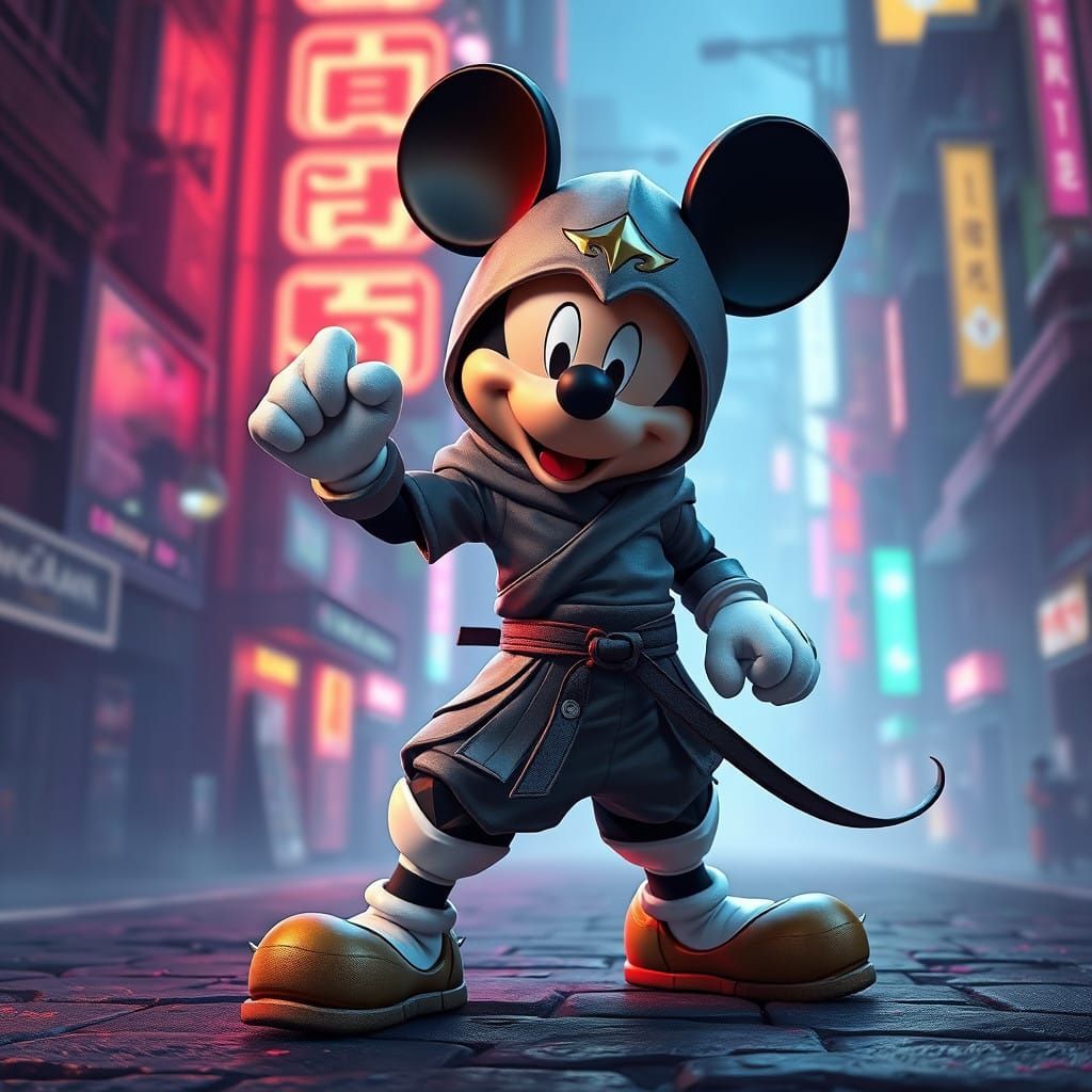 Neon Ninja Mickey Mouse in Cyberpunk Cityscape