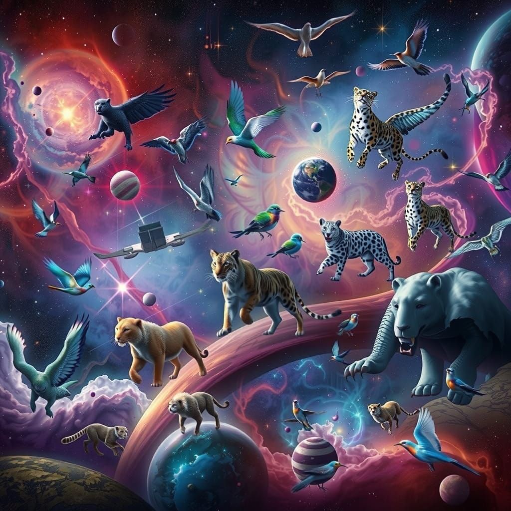 Cosmic Wildlife in Vibrant, Iridescent Hues