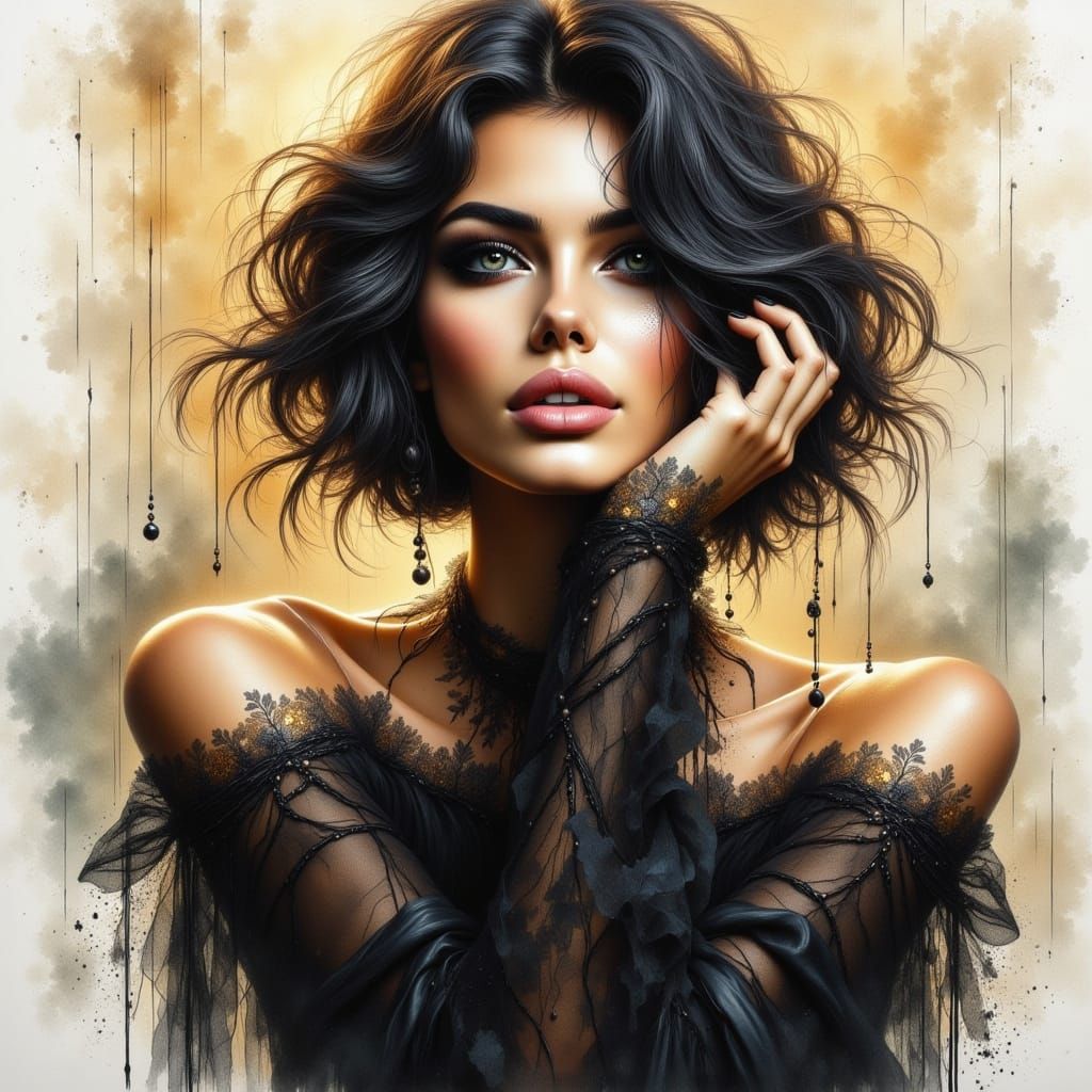 Fashion Model in Gold Glitter Makeup, Watercolor Acrylic