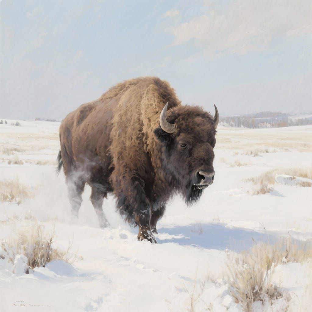 American Buffalo Roams Snowy Prairie Oil Painting