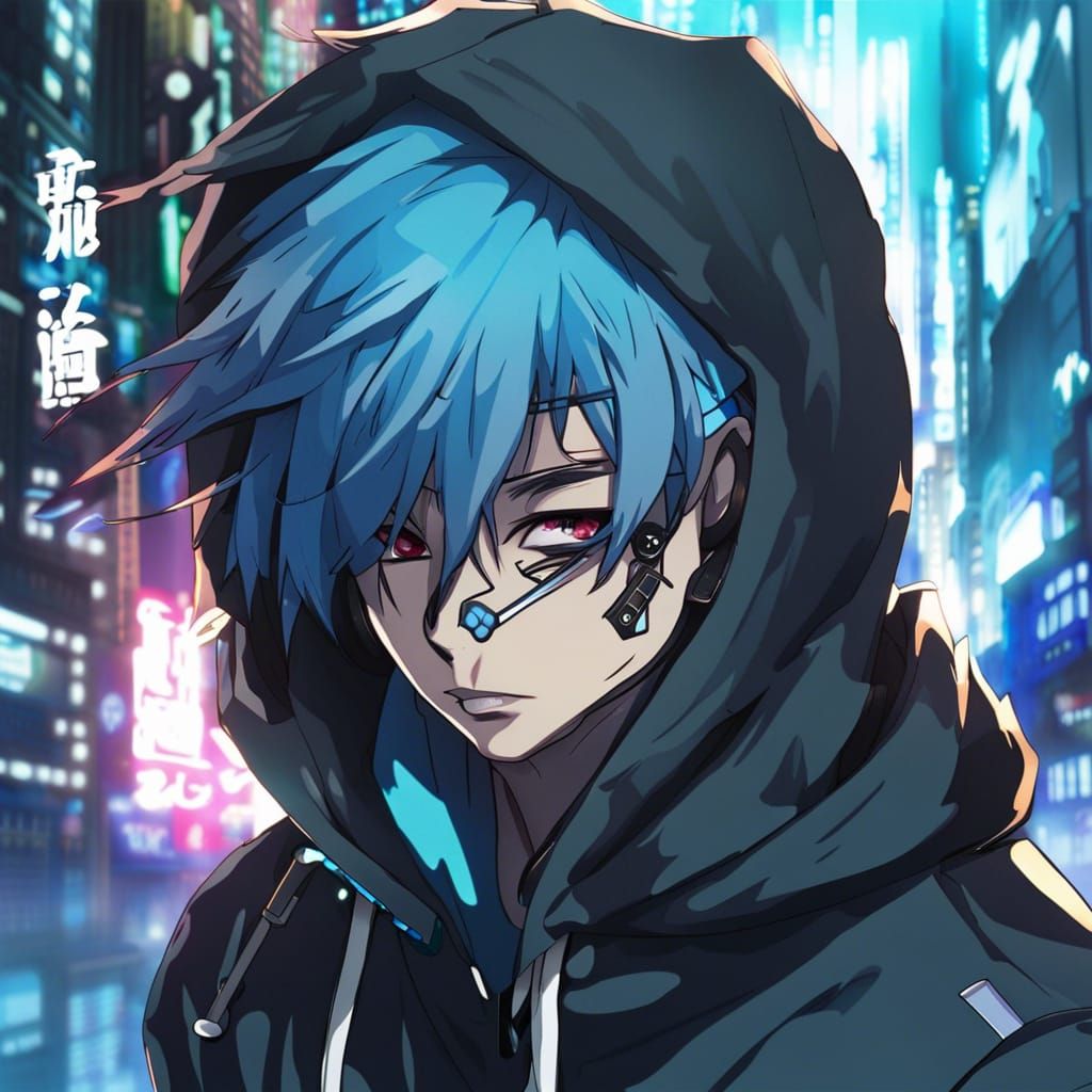 Cyberpunk Anime Boy with Mask and Blue Hair