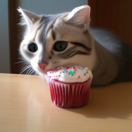 Cat Enjoys Cupcake: AI Generated Image