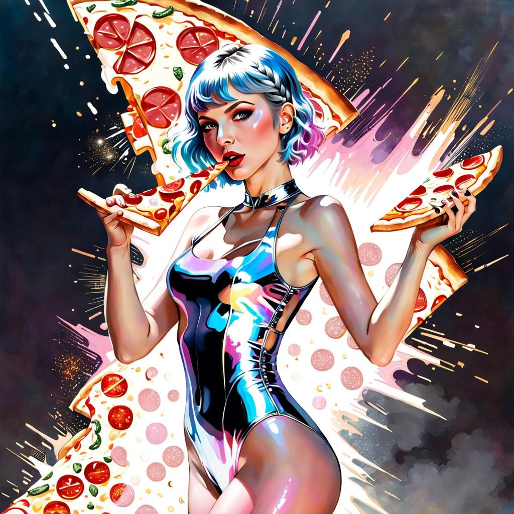 Cyborg Taylor Swift Eating Pizza in Sorayama Style