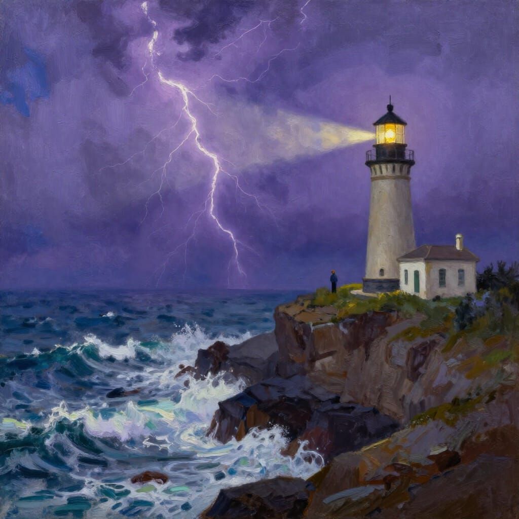 Lighthouse Keeper Watches Stormy Ocean in Oil Painting Style