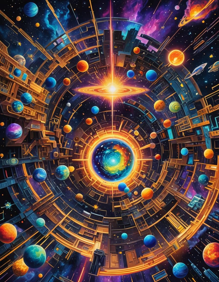 Cosmic Mixed Media Art: Spiritual Being and Celestial Tech