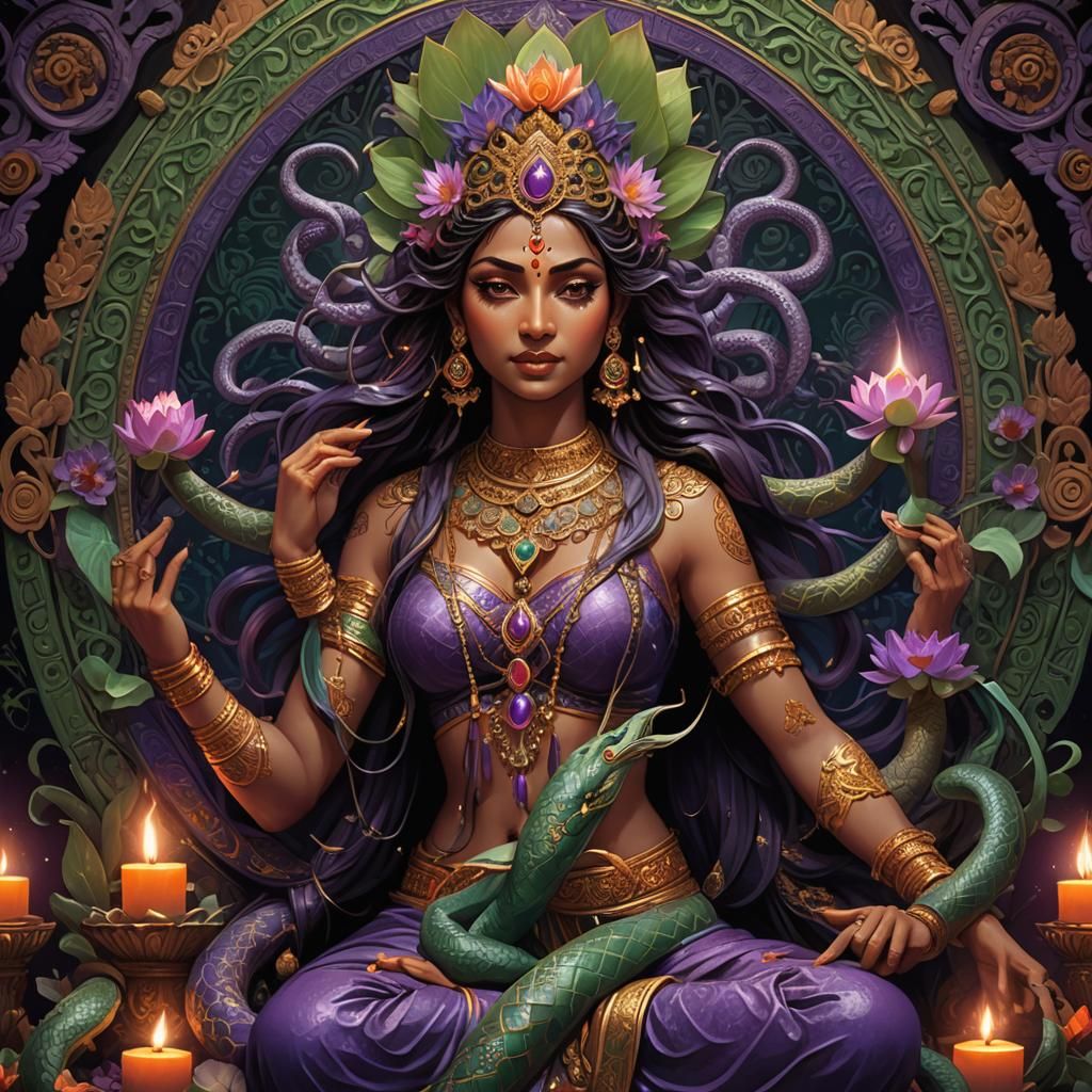 Rati Devi Portrait with Serpents and Lotus Flowers
