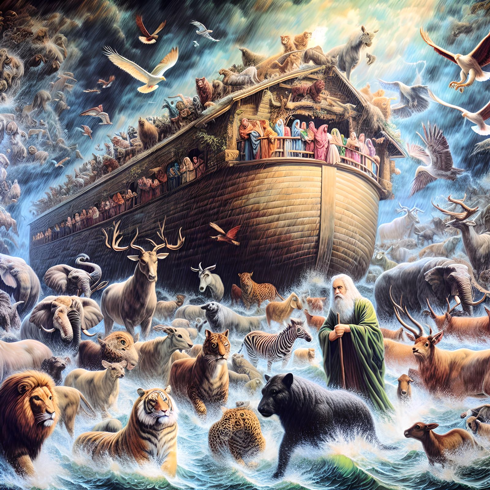 Noah's ark, "Come on you lot get on board we need to go!"