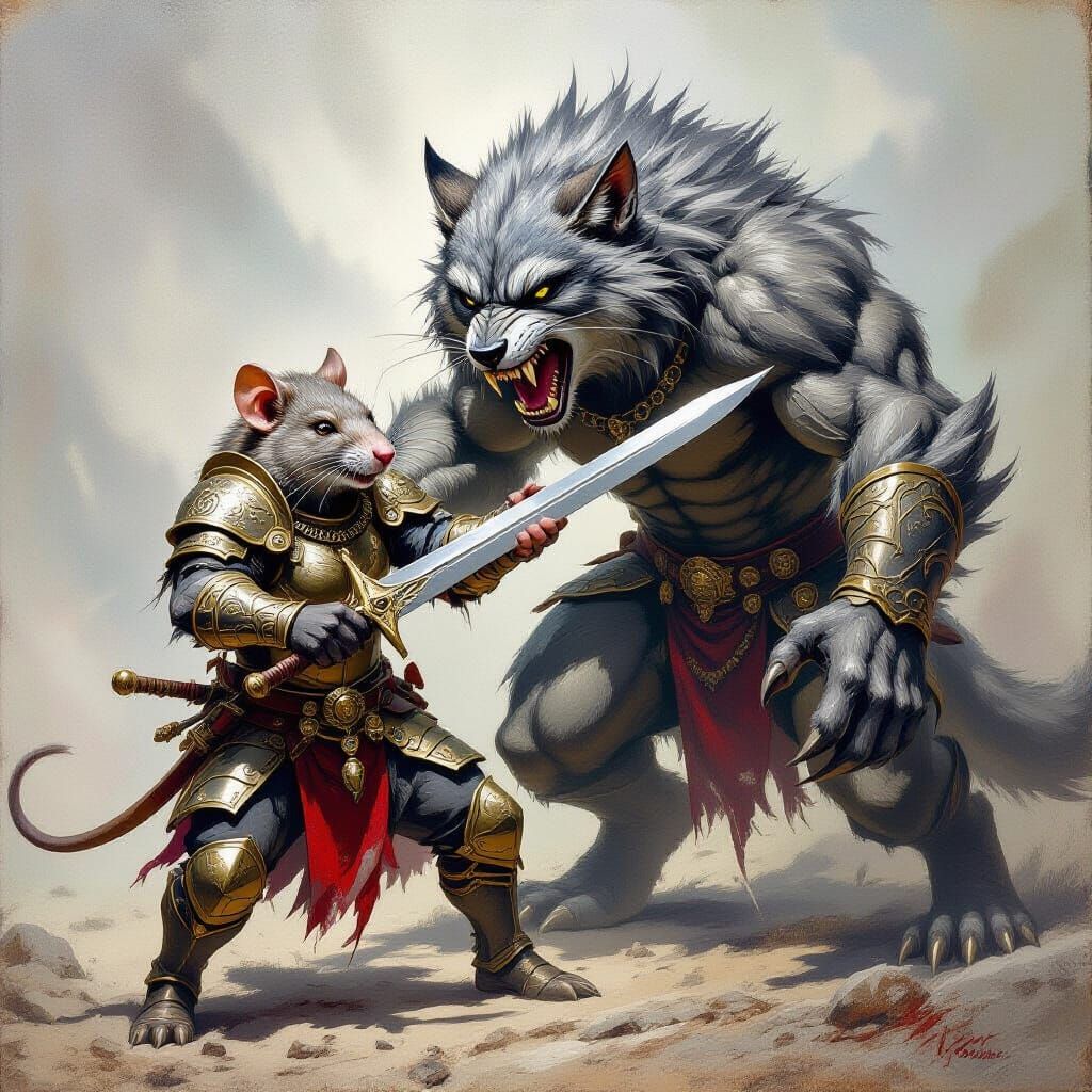 Rat Warrior vs Feline Werewolf in Dark Fantasy Style