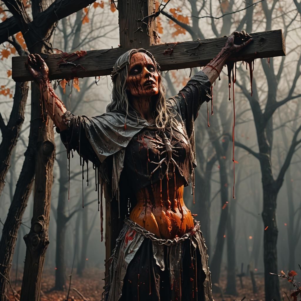 Eerie Crucifixion: Woman with Jack-o'-Lantern Mask