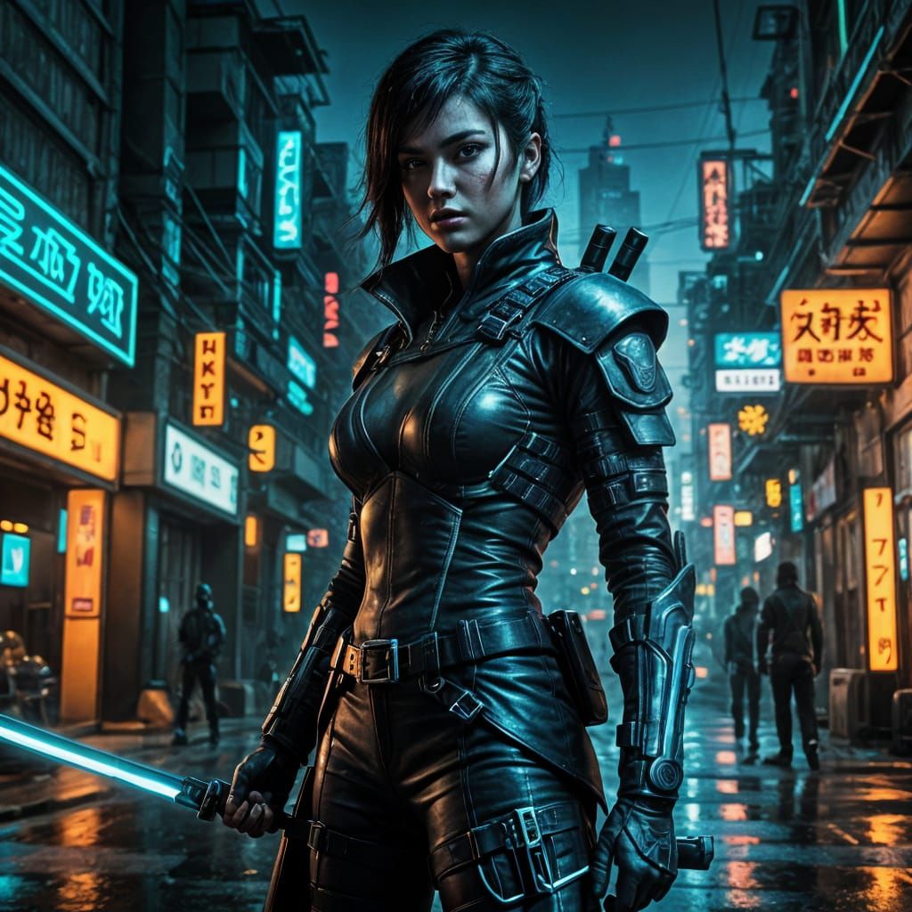 Cyberpunk Ninja Waits in the Shadows