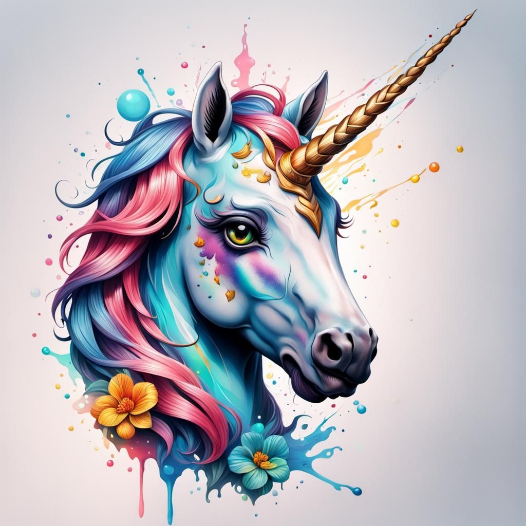 Detailed Unicorn Tattoo Design in Splash Art Style
