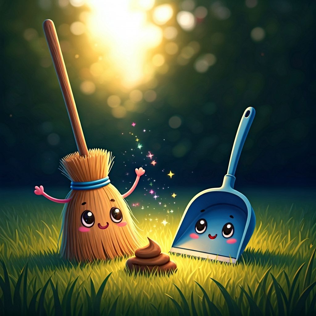 Enchanted Broom and Dustpan Cleaning Dog Poop in Morning Lig...