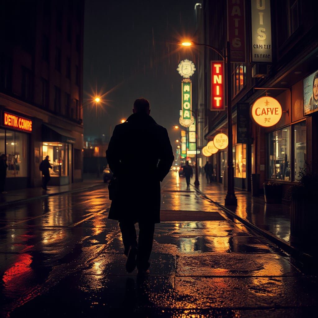 Film Noir Rain-Slicked City Street at Night