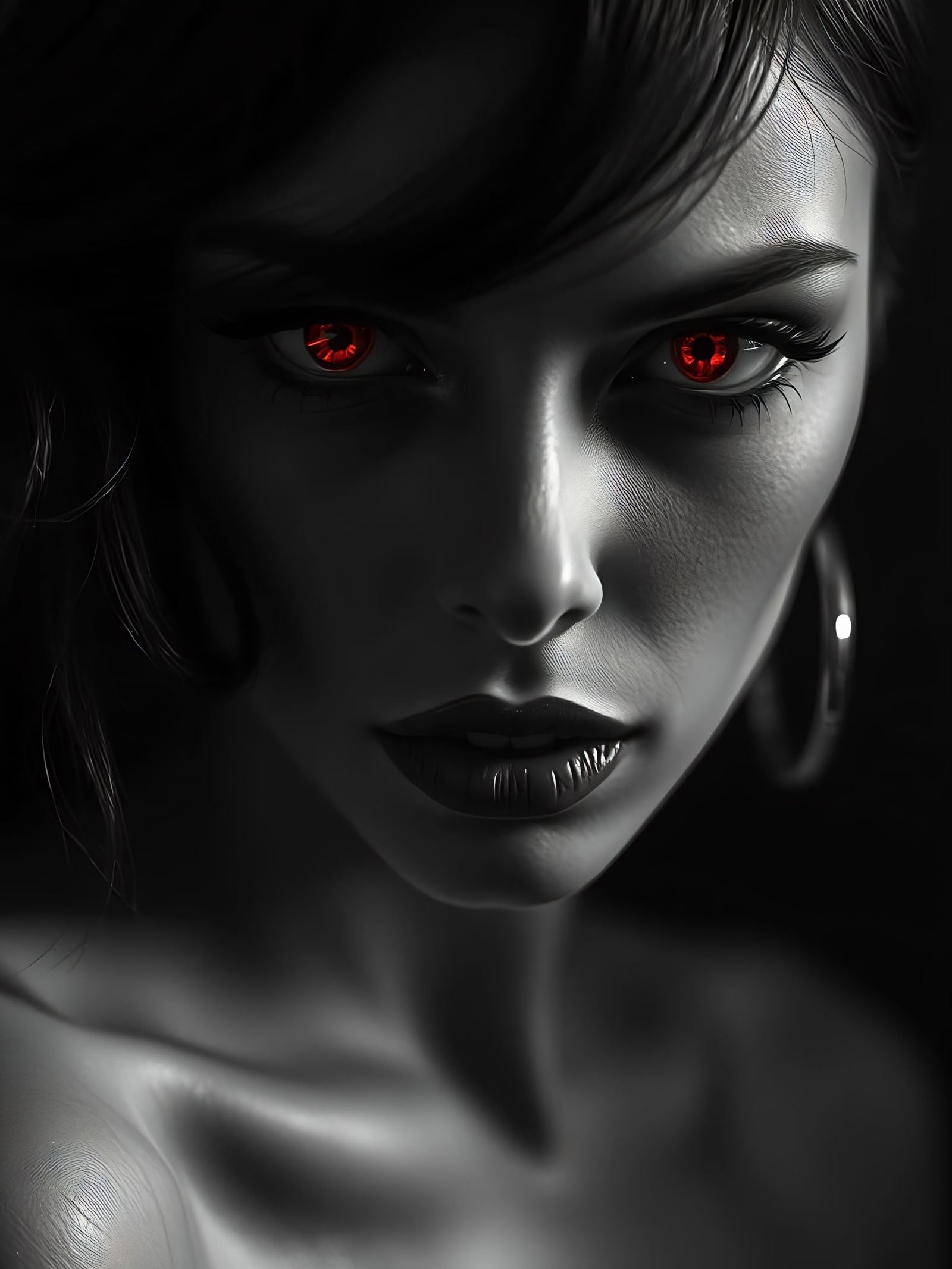 Mysterious Woman with Red Eyes in B&W Portrait