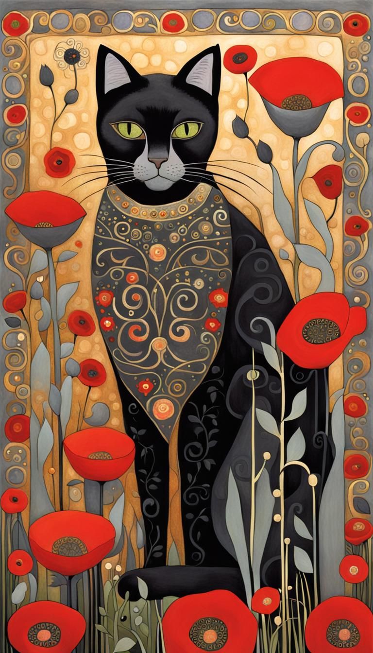 gustav klimt style tall grey black
 cat in a garden,the flow...