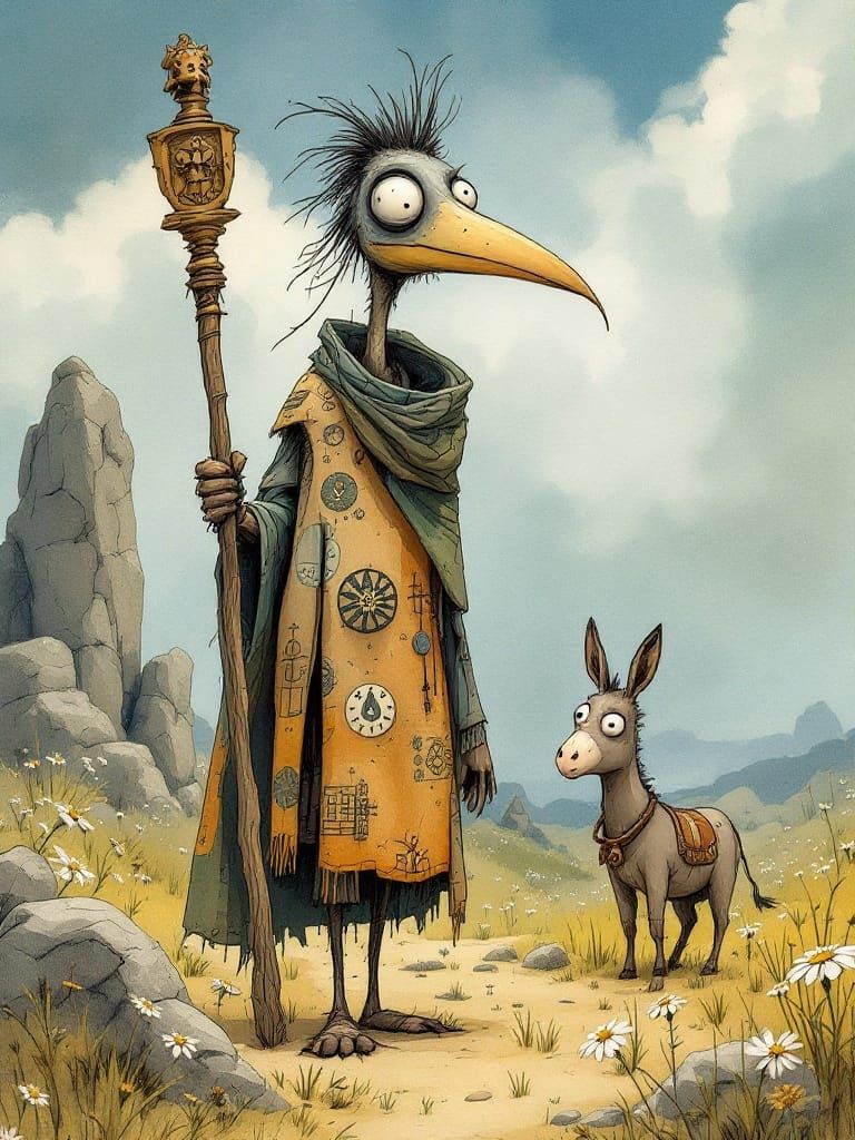 Whimsical Wanderer Under Dreamlike Skies