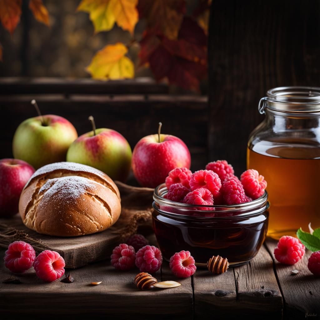 Rustic Still Life with Autumn Fruits and Honey