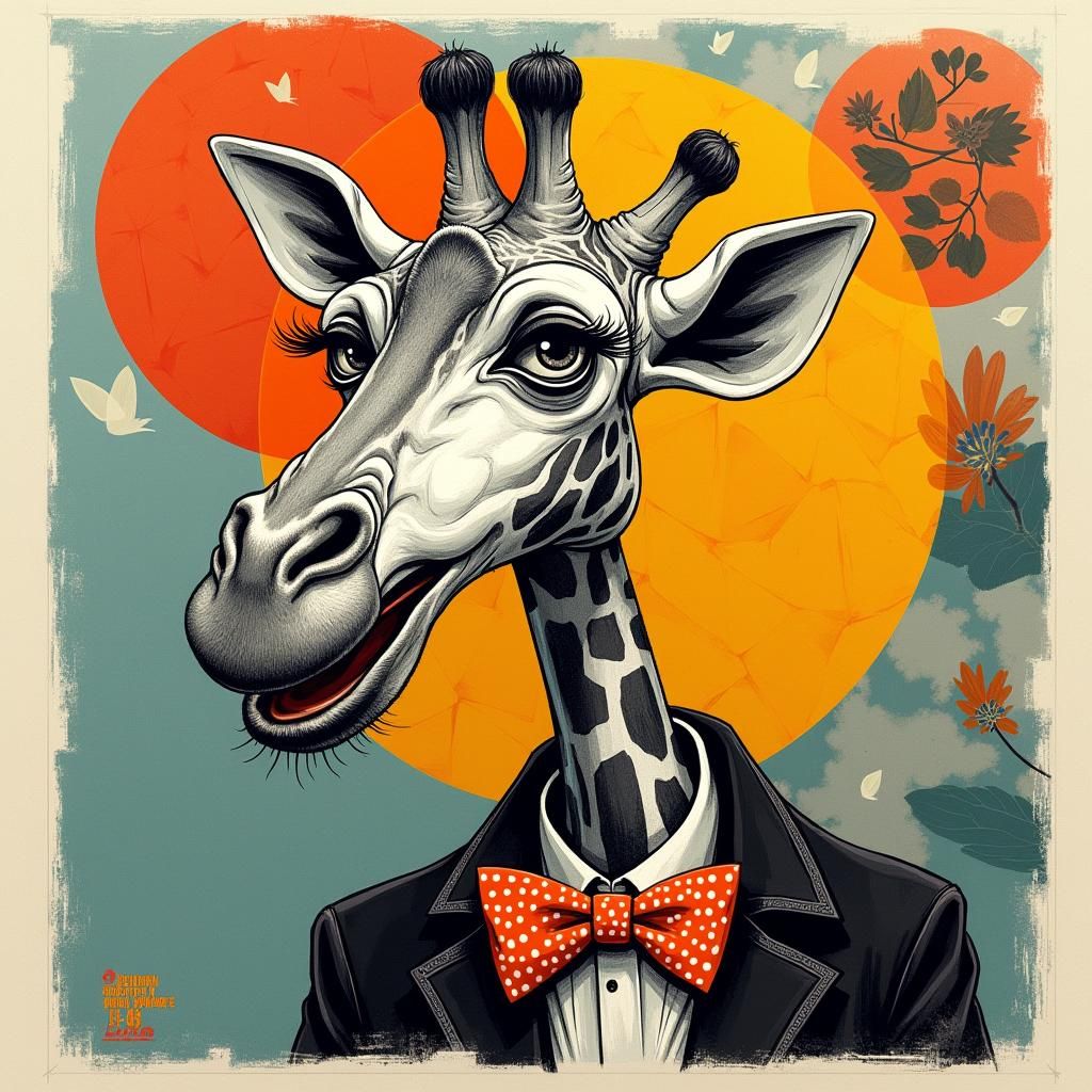 Humorous Giraffe Caricature in Art Deco Style