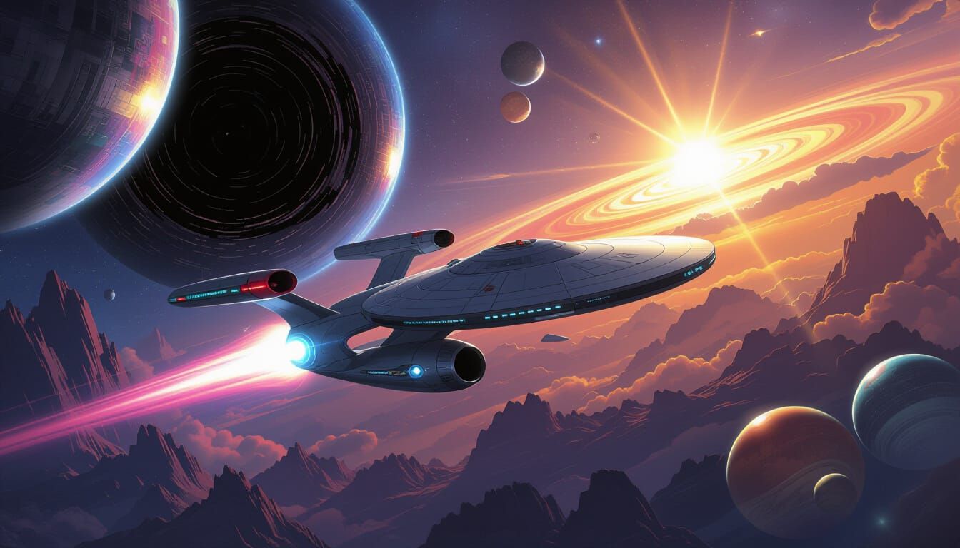 Starship Enterprise Soaring Through Galaxy in Futuristic Sty...