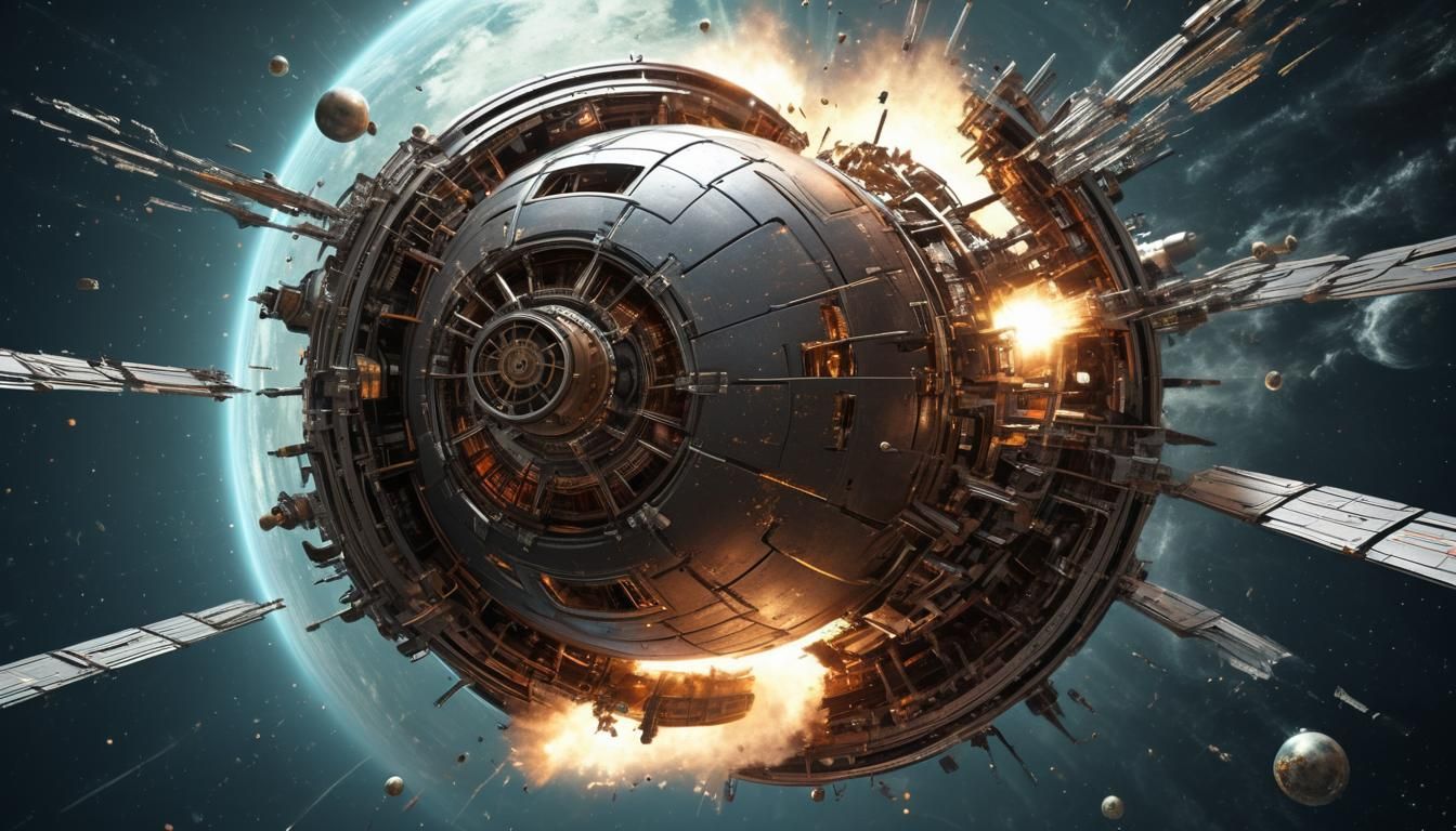 sphere shaped spacecraft, traveling in space getting torn ap...