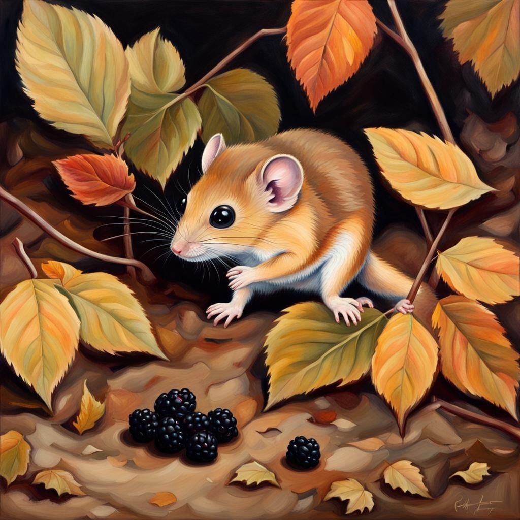 Dormouse and Blackberry in Autumn Landscape Painting