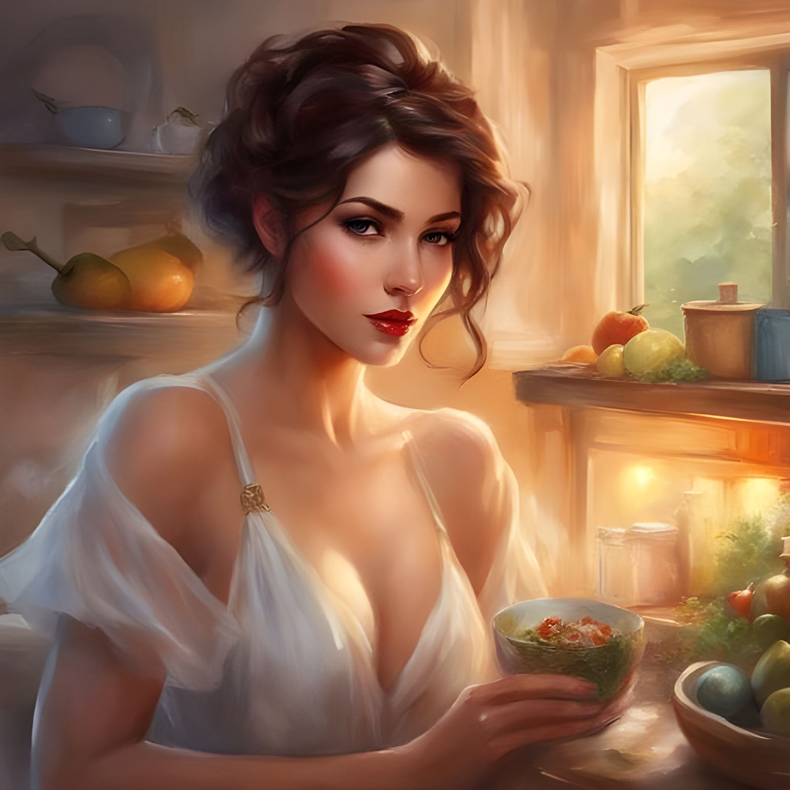 Beautiful Colombian Woman in Kitchen Lingerie